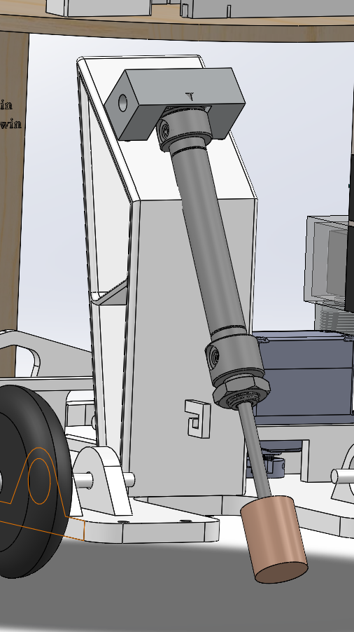 CAD detail of the angled pneumatic cylinder and its contact foot