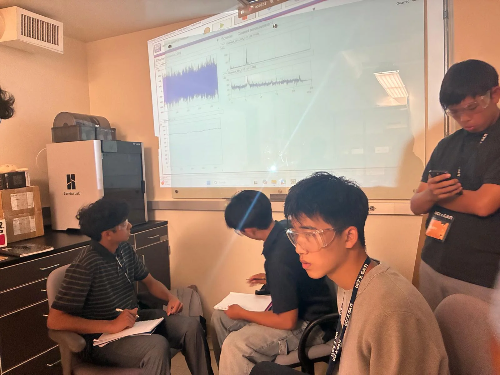 Students taking notes with acoustic measurements projected on the laboratory screen.