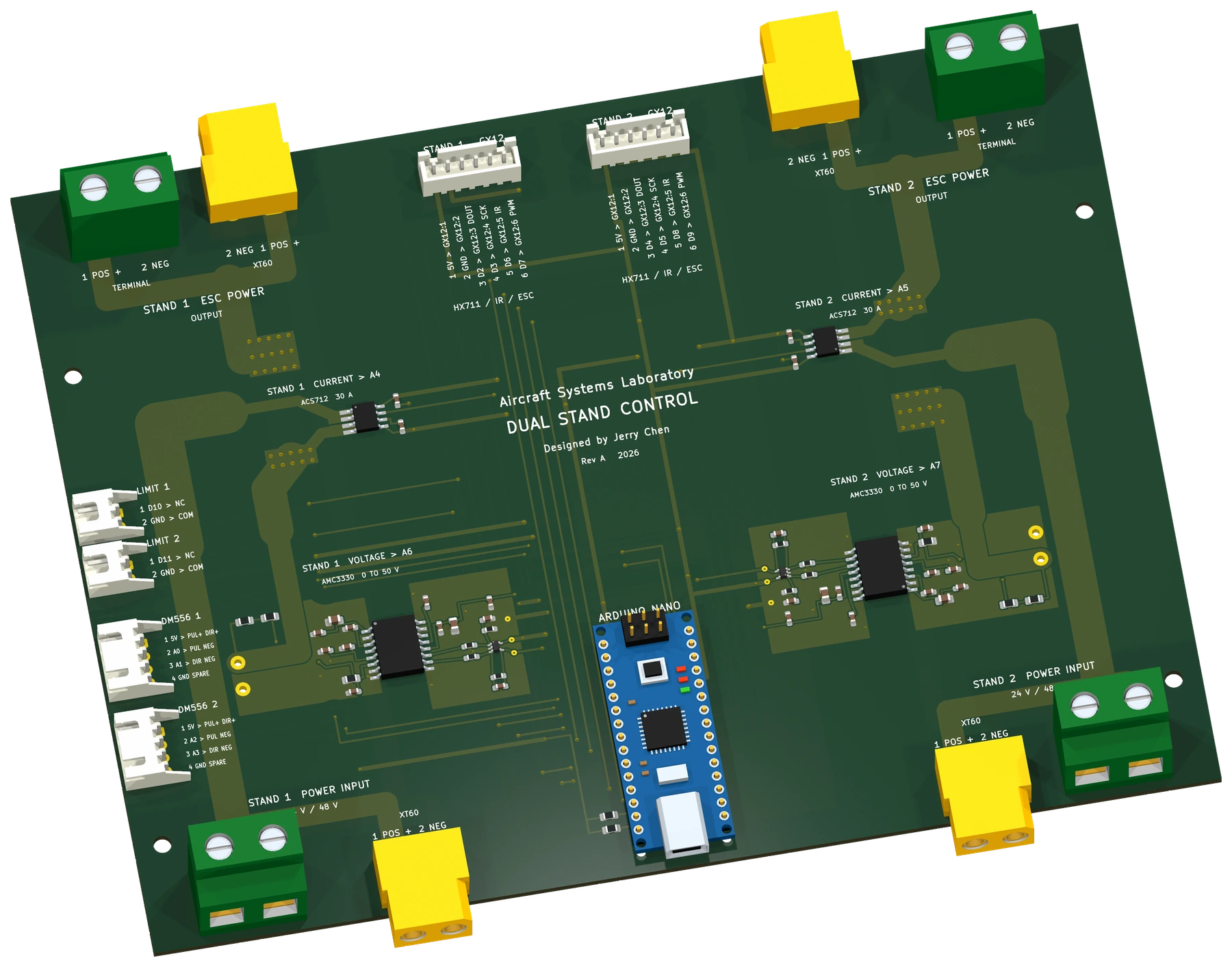 Render of the Dual Stand Control PCB with an Arduino Nano, power connectors, and control interfaces