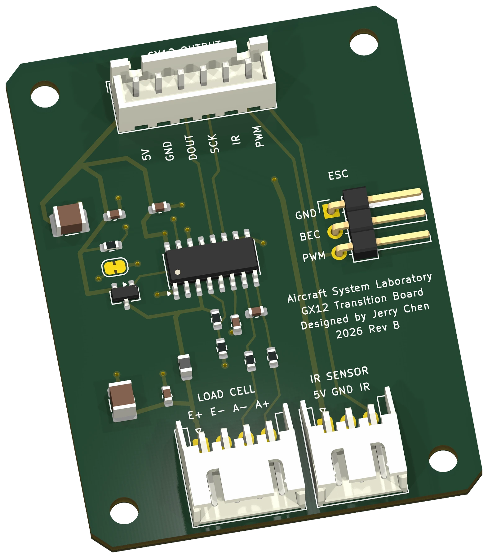 Render of the GX12 sensor interface PCB with load cell, infrared sensor, and ESC connections