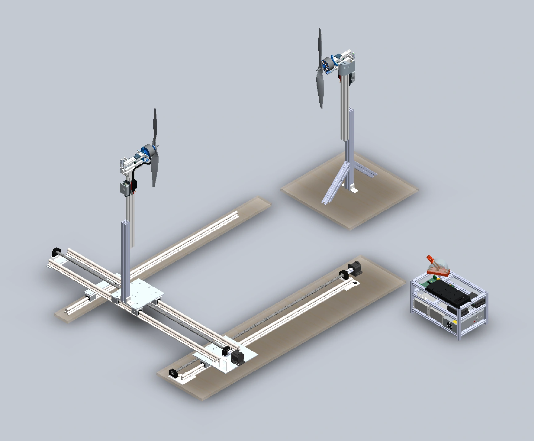 SolidWorks rendering of my full assembly with two propeller test stands, motorized positioning rails, and a separate power station